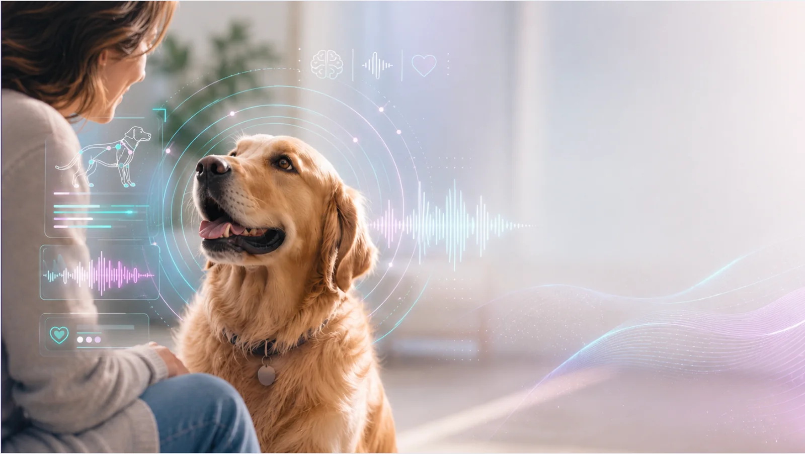 Golden retriever looking at a person with subtle AI communication graphics