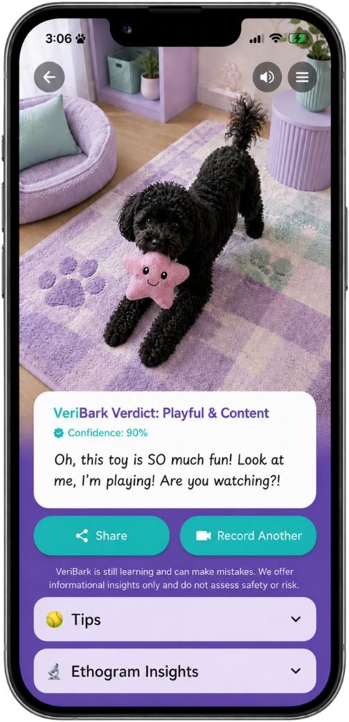VeriBark result showing a verdict, confidence, Voice of Dog, tips and ethogram insights